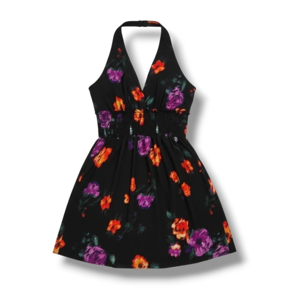 Madden NYC's Juniors black floral semi-sheer Halter Dress - xs